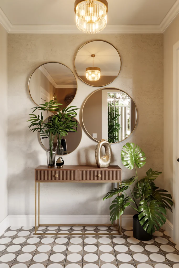 Jeu de miroirs dorés dans une entrée, reflétant des éléments déco et créant une illusion d'espace