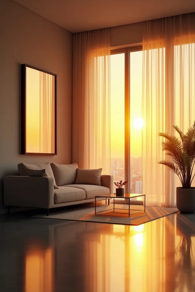 Grand miroir sans cadre face à une fenêtre, reflétant la lumière dorée du coucher de soleil dans un salon moderne