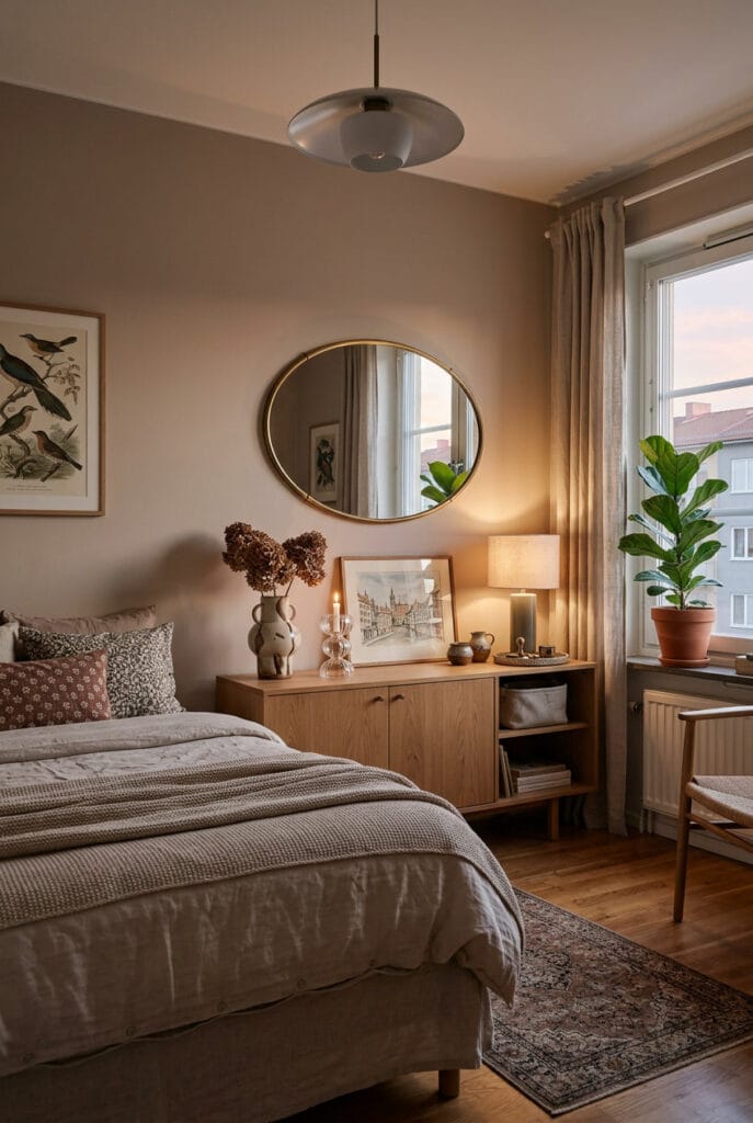 Miroir décoratif ovale dans une chambre pour une touche d'élégance et de douceur