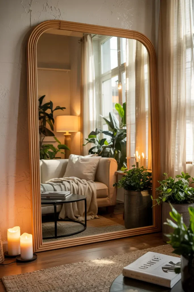Miroir décoratif en bois dans un salon cosy, reflétant un canapé douillet et des plantes, avec éclairage chaleureux