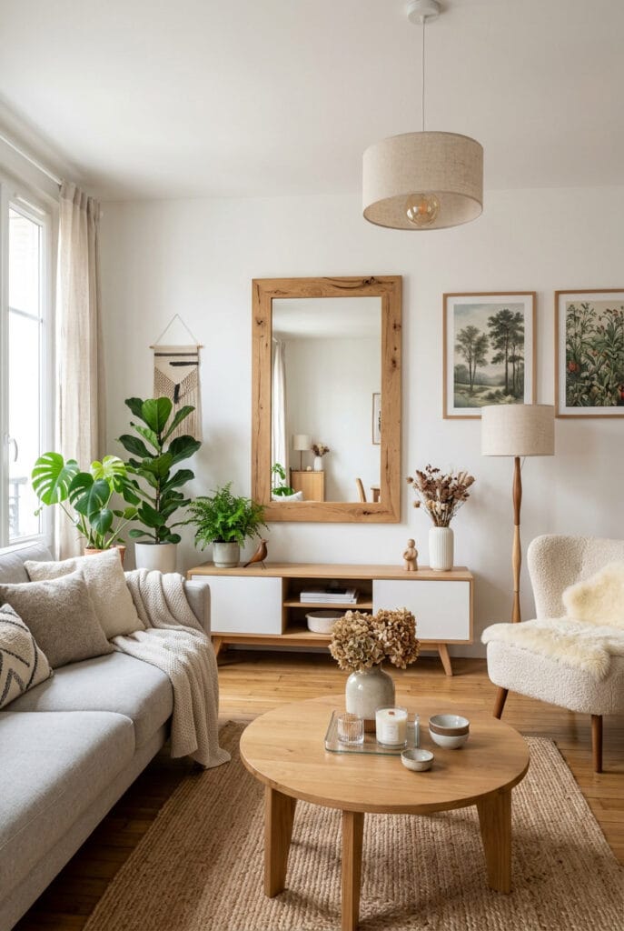 Miroir décoratif à cadre en bois brut dans un intérieur scandinave épuré et chaleureux