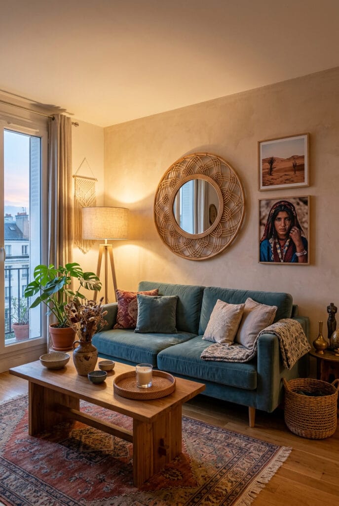Miroir décoratif en rotin aux motifs ethniques dans un intérieur bohème chic chaleureux