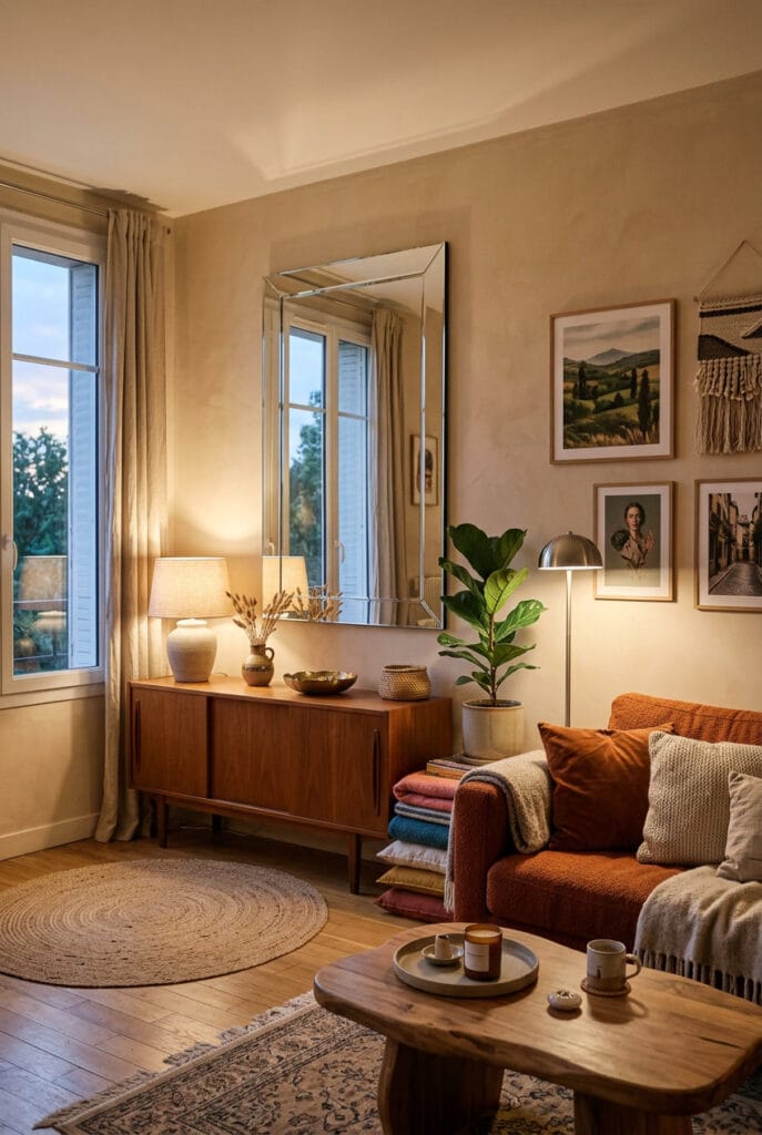 Miroir décoratif sans cadre moderne contrastant avec des meubles vintage pour un effet tendance