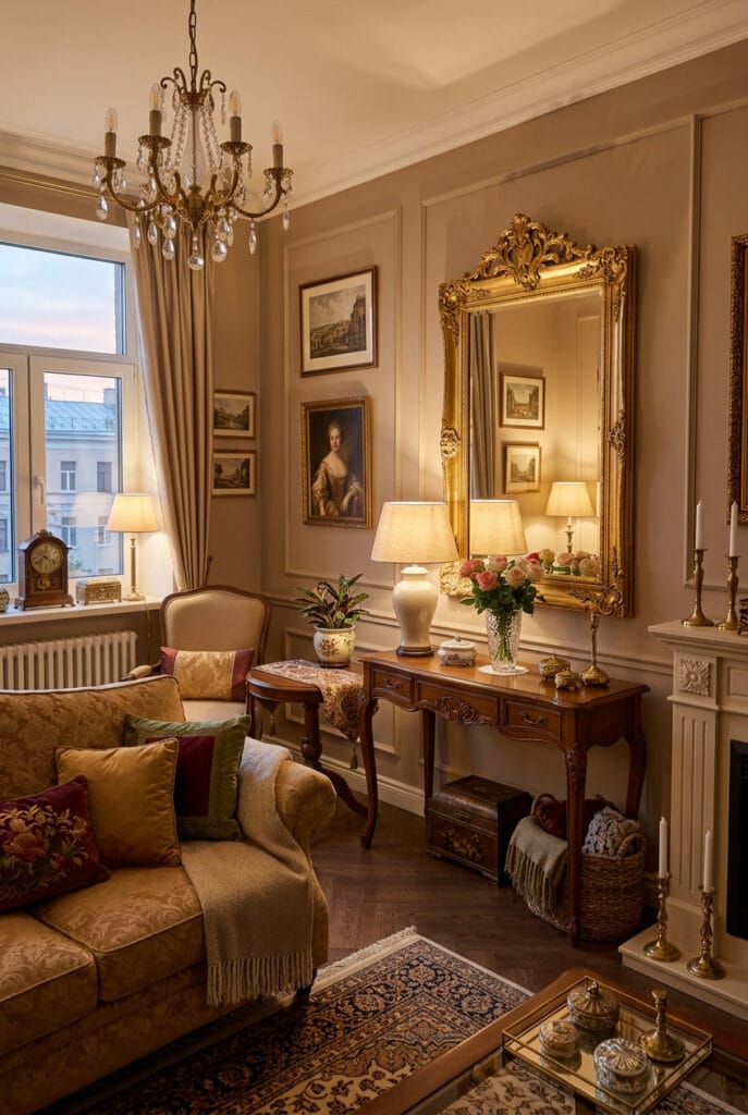 Miroir décoratif à cadre ouvragé dans un intérieur classique harmonisé avec coussins et luminaires