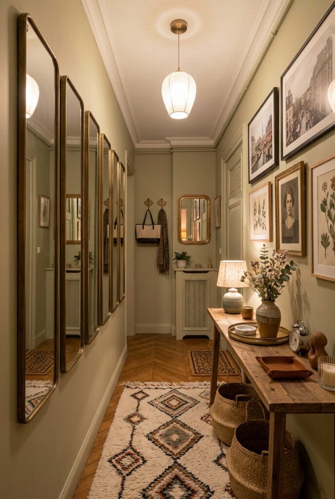 Alignement de miroirs décoratifs identiques formant une galerie murale dans un couloir étroit
