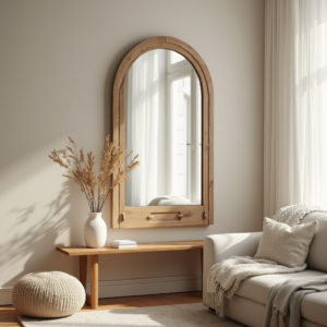Miroir décoratif en bois naturel reflétant un intérieur cosy scandinave, agrandissant l'espace avec élégance.