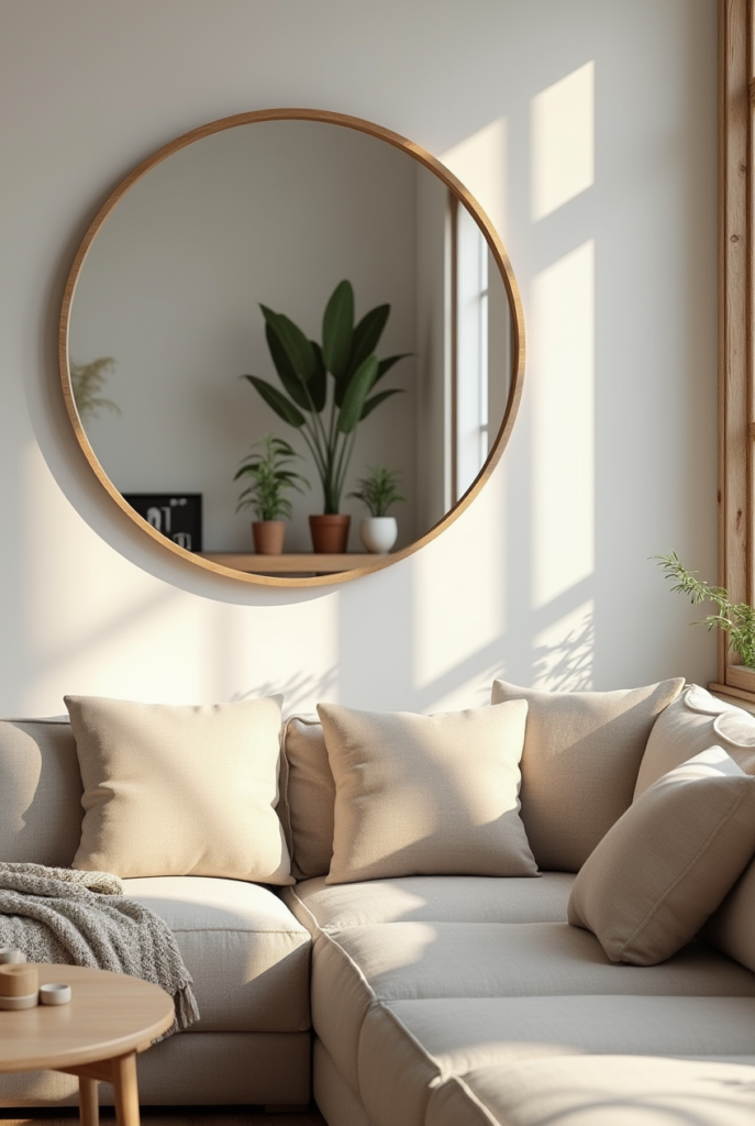 Miroir rond décoratif adoucissant les angles d'un salon carré, cadre en bois chaud, ambiance scandinave cosy.