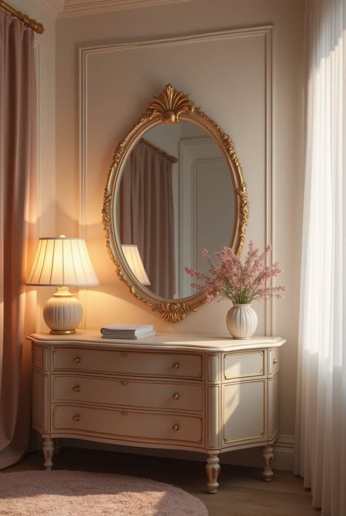 Miroir ovale doré dans une chambre élégante, reflétant un lit et des détails cosy, ambiance romantique.