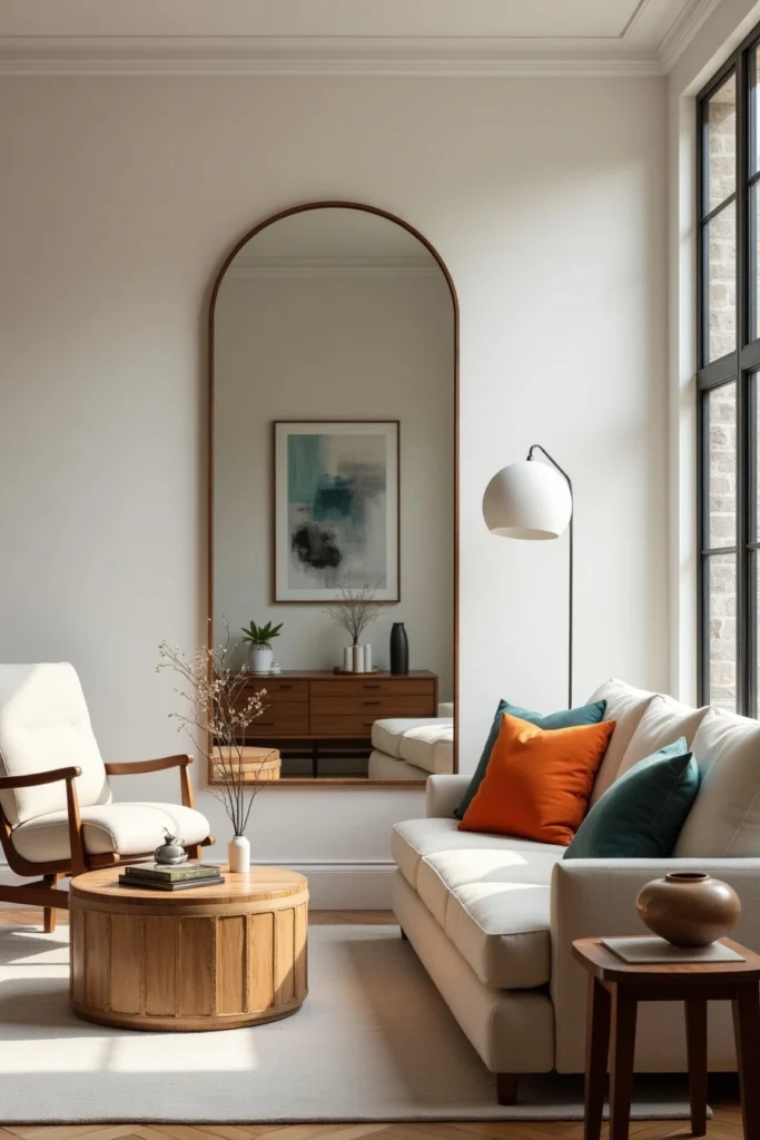 Miroir sans cadre moderne dans un salon vintage, mélange tendance de textures et d'époques.