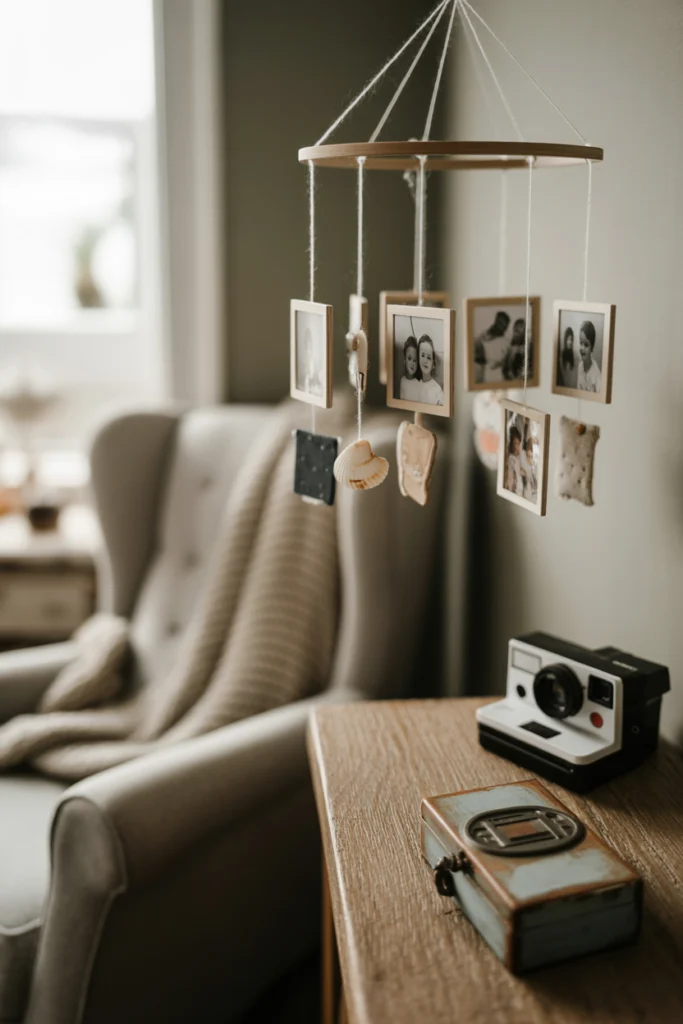 Mobile décoratif personnalisé avec photos et souvenirs, suspendu dans une chambre douillette