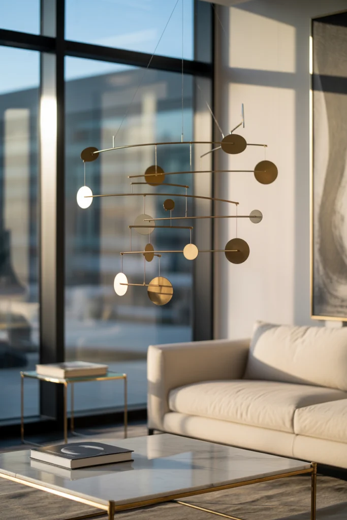 Mobile décoratif métallique doré avec formes géométriques, suspendu dans un salon moderne épuré