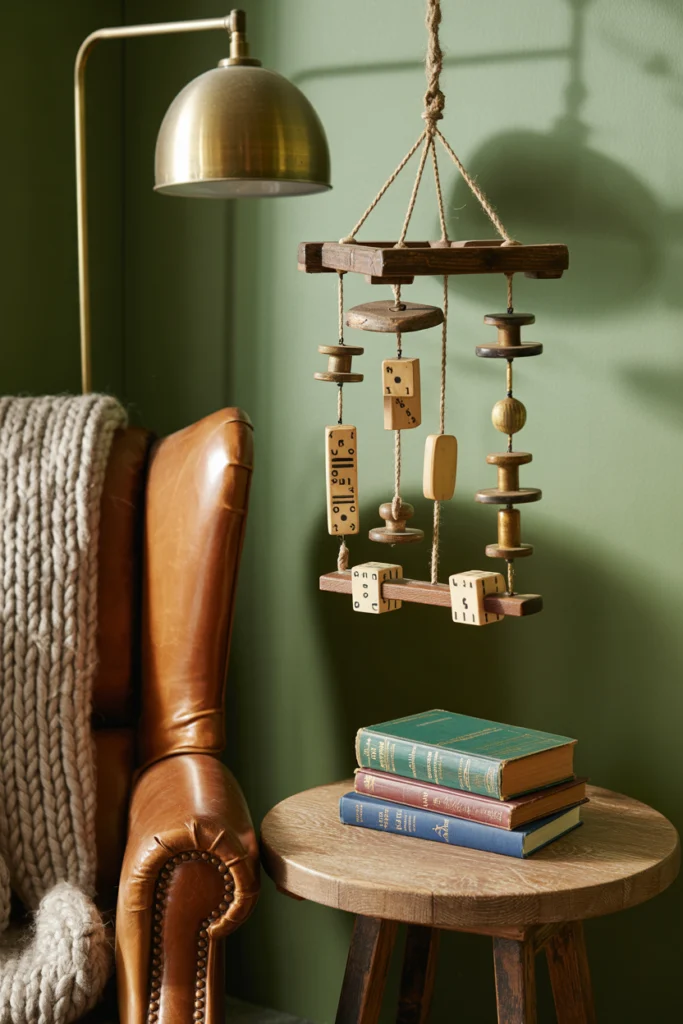Mobile décoratif vintage en bois avec objets anciens suspendus dans un coin lecture