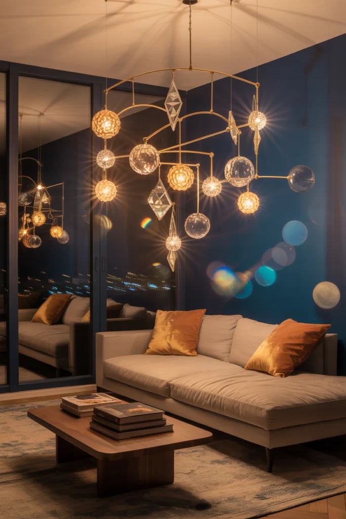 Mobile décoratif lumineux avec sphères et prismes projetant des motifs étoilés dans un salon
