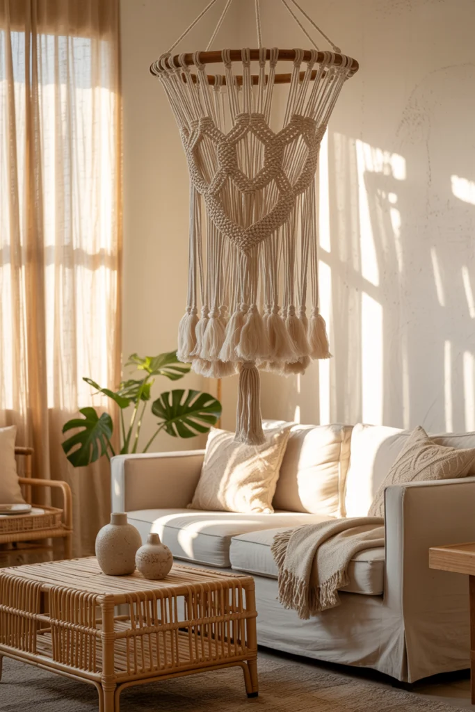Mobile décoratif en macramé naturel suspendu dans un salon bohème chic