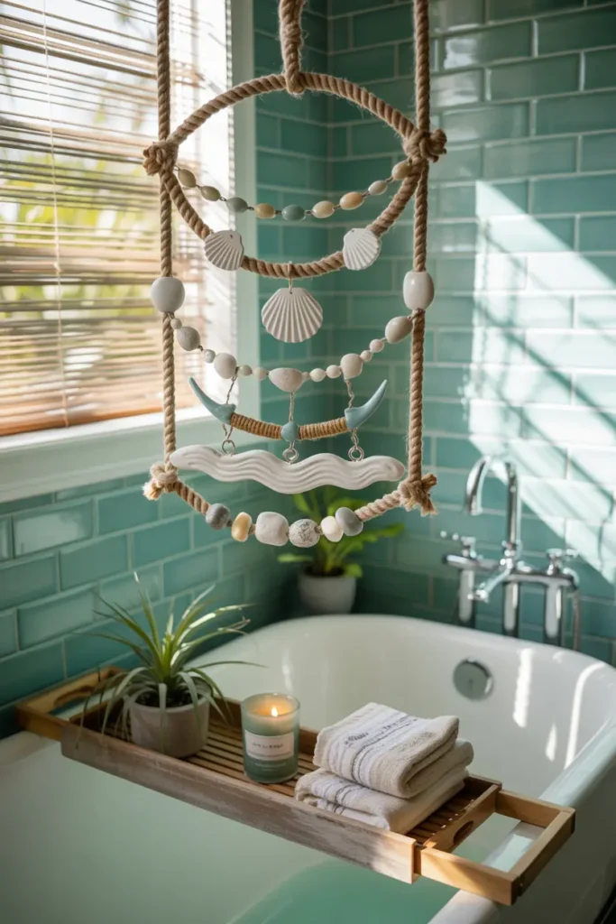 Mobile décoratif marin en corde et coquillages pour une ambiance spa côtier