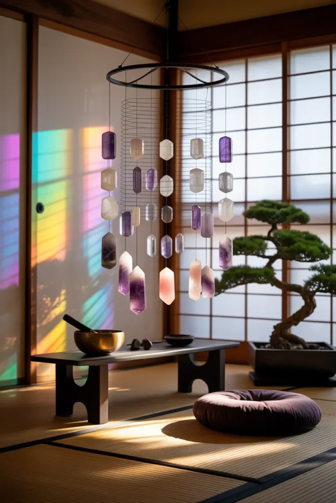 Mobile décoratif zen en pierres semi-précieuses pour espace méditation