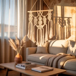 Grand mobile décoratif en macramé suspendu dans un salon aux tons neutres, projetant des ombres géométriques sur un mur beige texturé