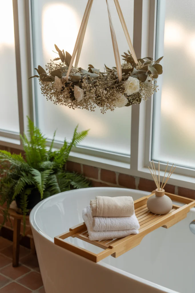 Mobile décoratif floral en eucalyptus et gypsophile suspendu dans une salle de bain spa
