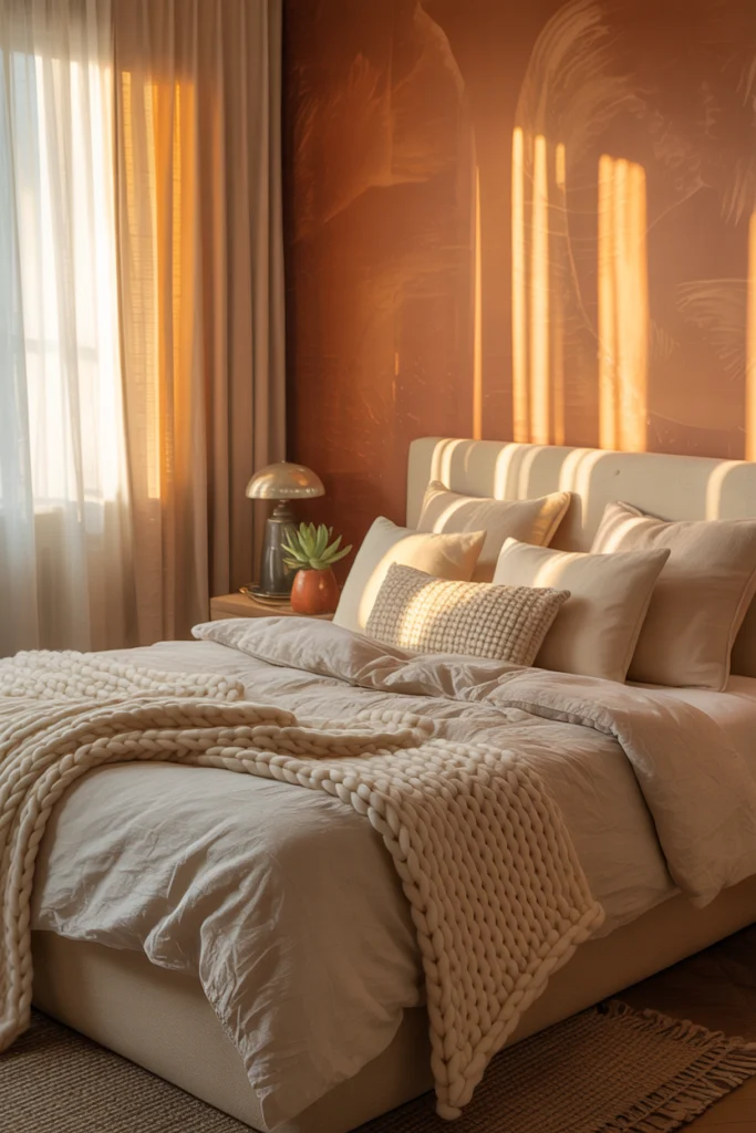 Parement mural terracotta mat dans une chambre cocooning