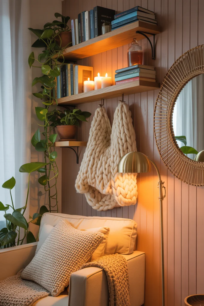 Parement mural bois avec étagères flottantes et plantes grimpantes