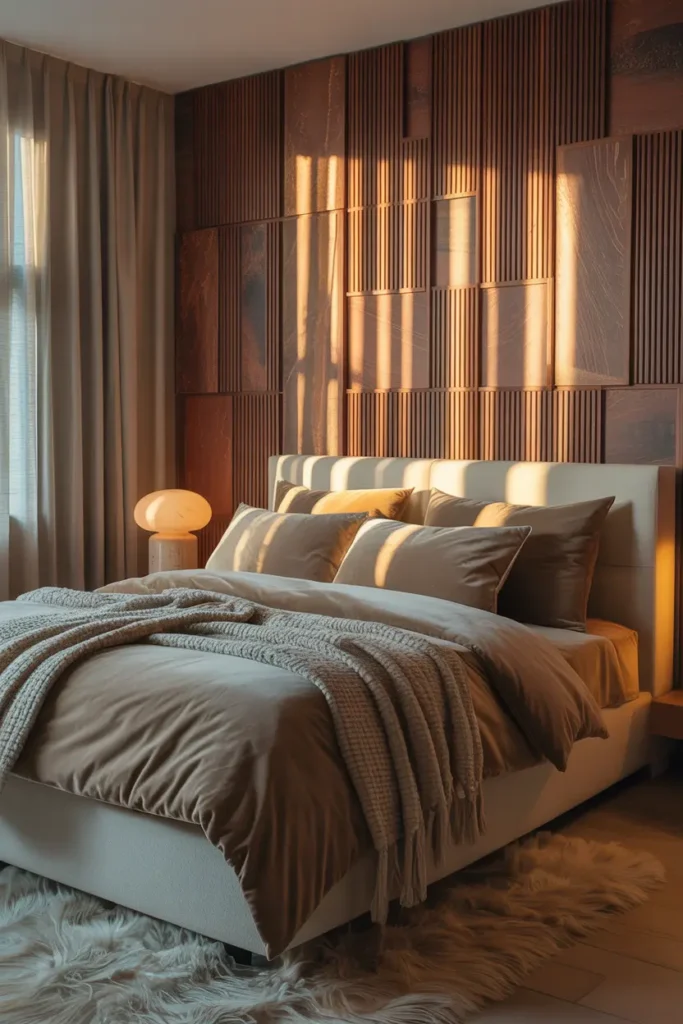 Parement mural bois rainuré dans une chambre moderne et cosy