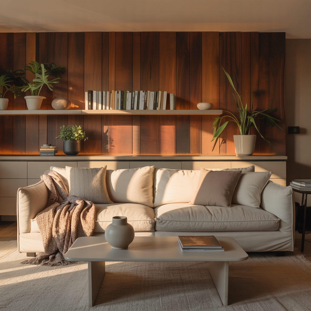 Parement mural en bois naturel avec étagères flottantes et éclairage doux dans un salon cosy.
