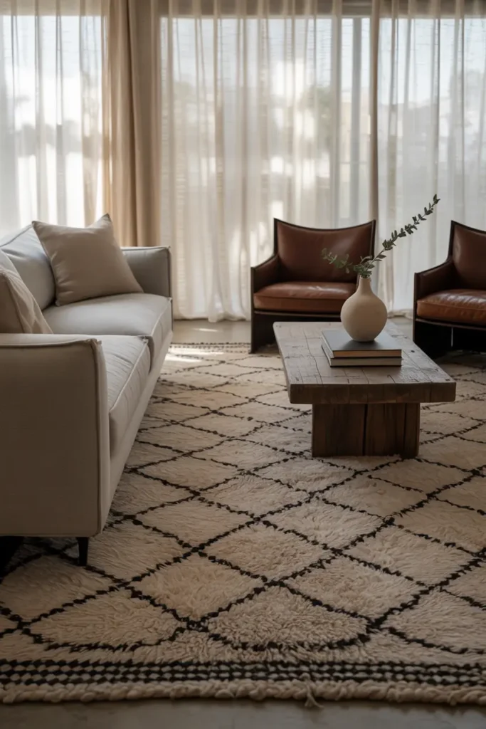 Tapis berbere bien placé sous un canapé de salon