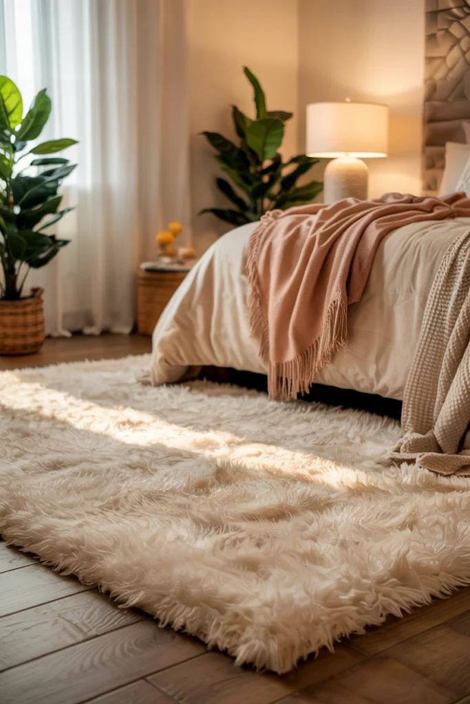 Tapis cosy uni en laine épaisse, couleur crème, dans une chambre aux tons neutres, illustrant le pouvoir des matières et textures pour un cocon douillet.