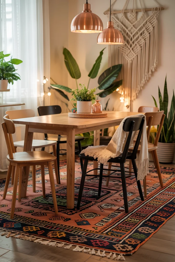 Tapis cosy ethnique aux motifs traditionnels et couleurs chaudes, star d'une déco bohème chargée d'histoire et de personnalité.