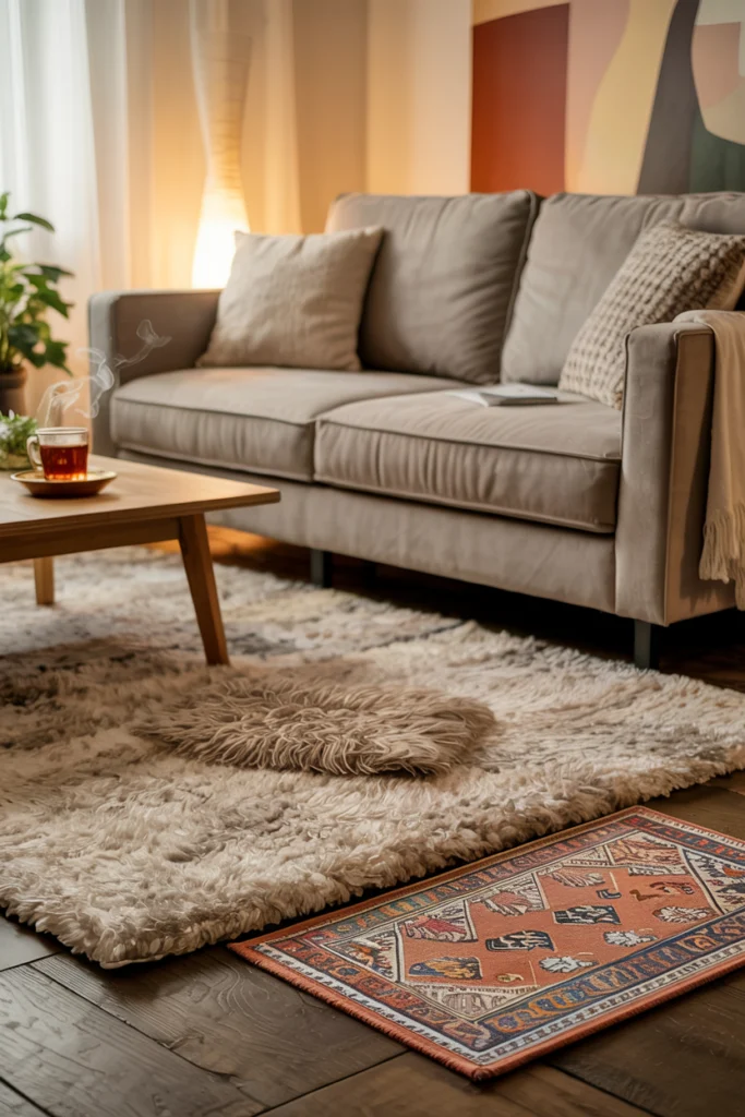Salon cosy avec tapis blanc shaggy bien dimensionné sous canapé velours gris, démontrant le placement idéal et le mélange de textures