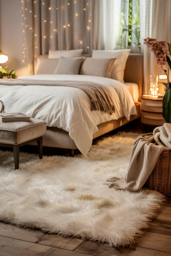 Chambre à coucher avec grand tapis moelleux beige couvrant 80% du sol, placé sous les 2/3 du lit pour un réveil en douceur