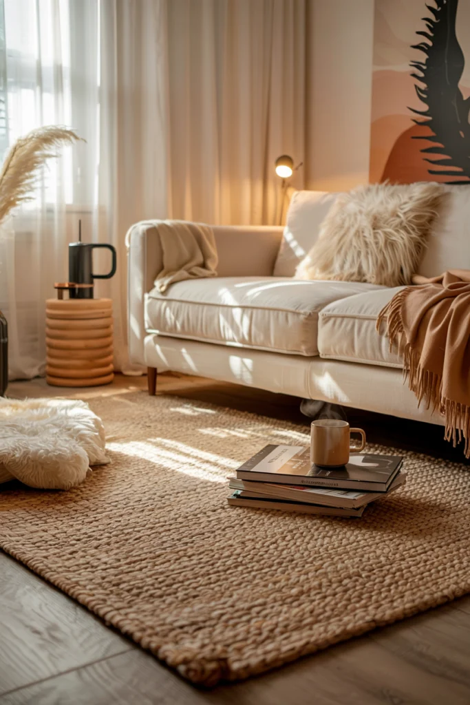 Salon nordique avec grand tapis sable en laine, canapé blanc et coussins en fausse fourrure, baigné de lumière naturelle