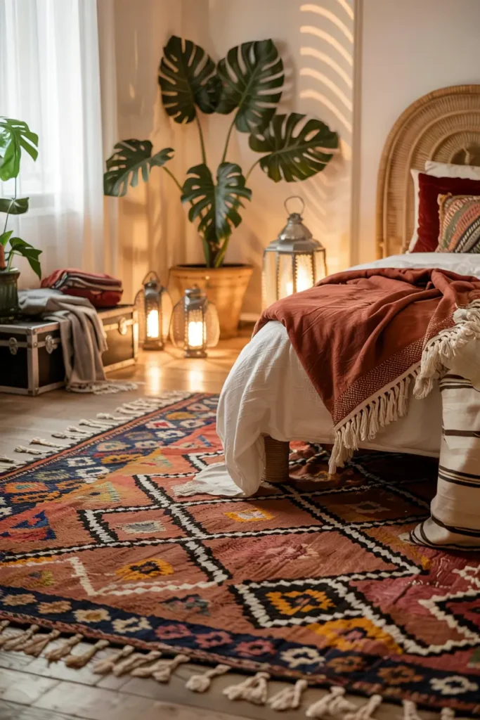 Chambre bohème avec tapis berbère géométrique, lanternes en métal et literie en lin, ambiance coucher de soleil
