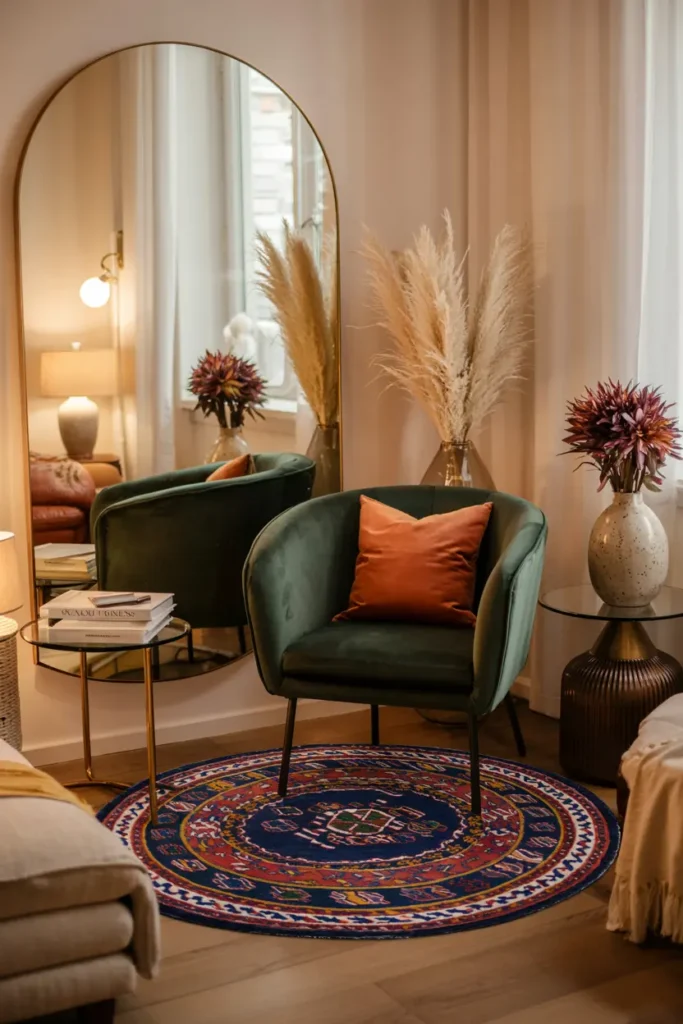 Petit salon avec tapis rond ethnique bleu/rouille, fauteuil velours et miroir, astuce pour agrandir l'espace