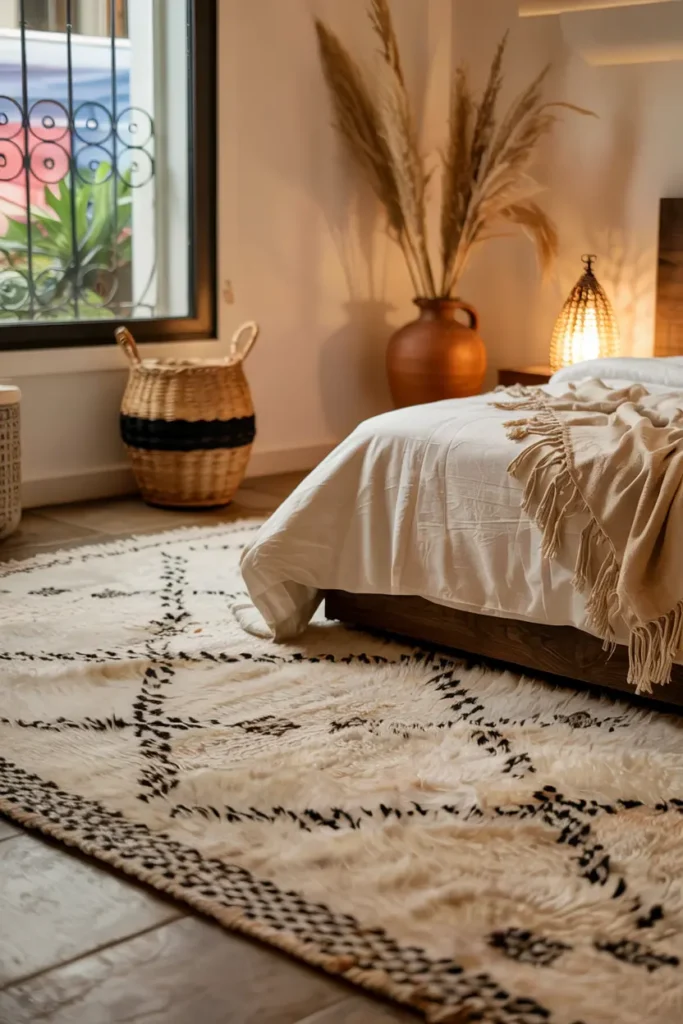 Tapis marocain en laine naturelle tissé main, épais et moelleux, dans une chambre épurée