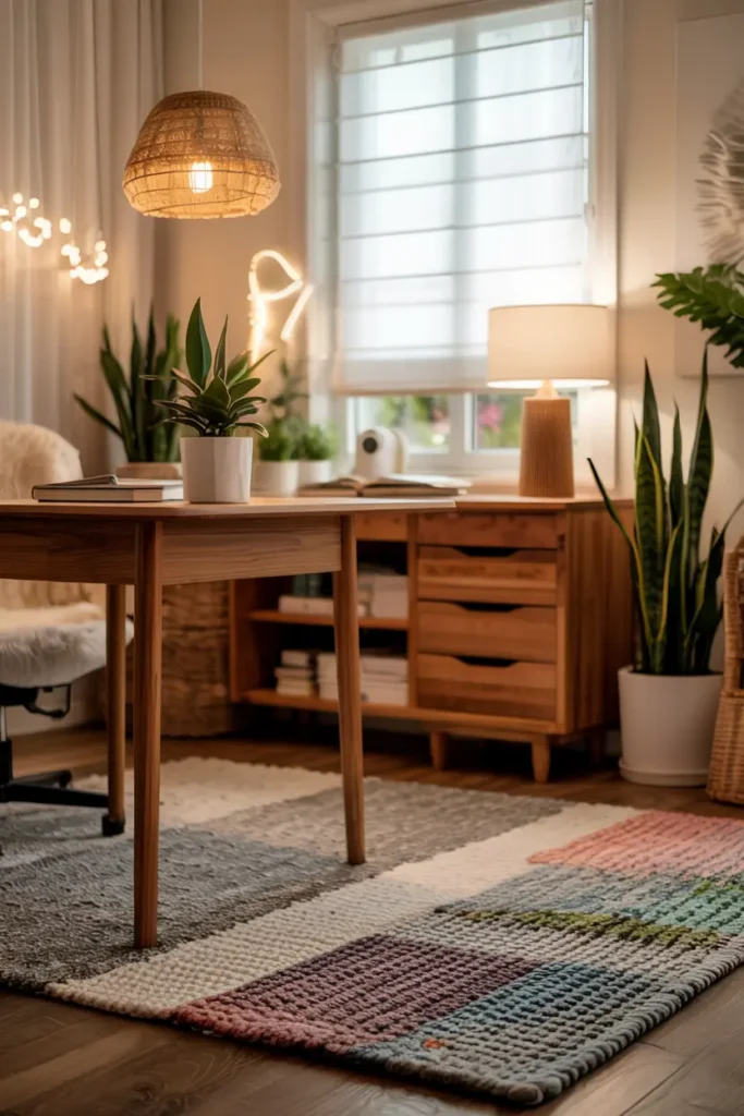 Tapis moderne en coton recyclé personnalisable, dans un bureau éco-responsable aux tons doux