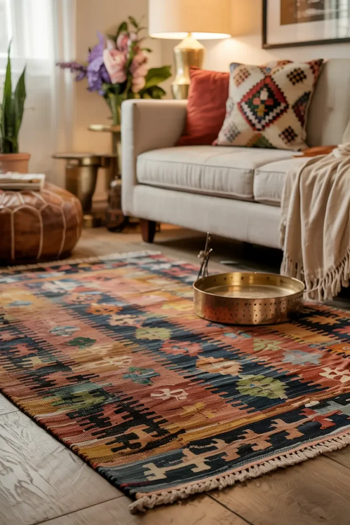 Tapis kilim turc vintage aux teintes naturelles dans un salon bohème, montrant des détails de tissage artisanal