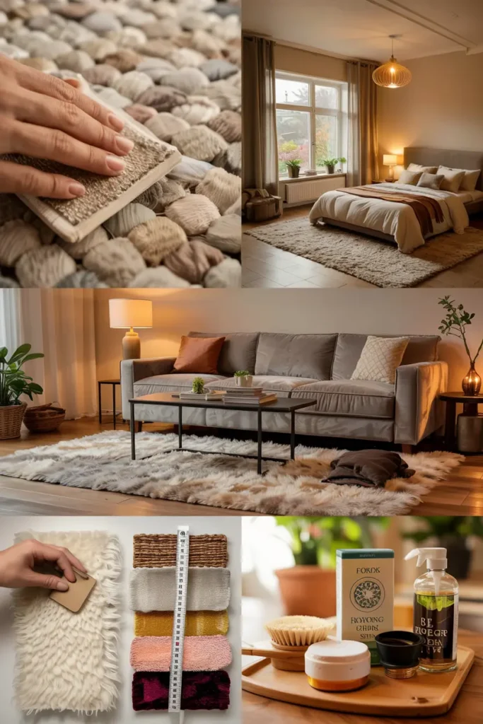 Guide complet tapis cosy : matières, placement salon/chambre, entretien et styles déco en une image panoramique réaliste