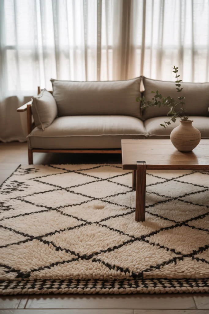 Tapis berbere Beni Ouarain blanc et noir dans un salon épuré et chaleureux.