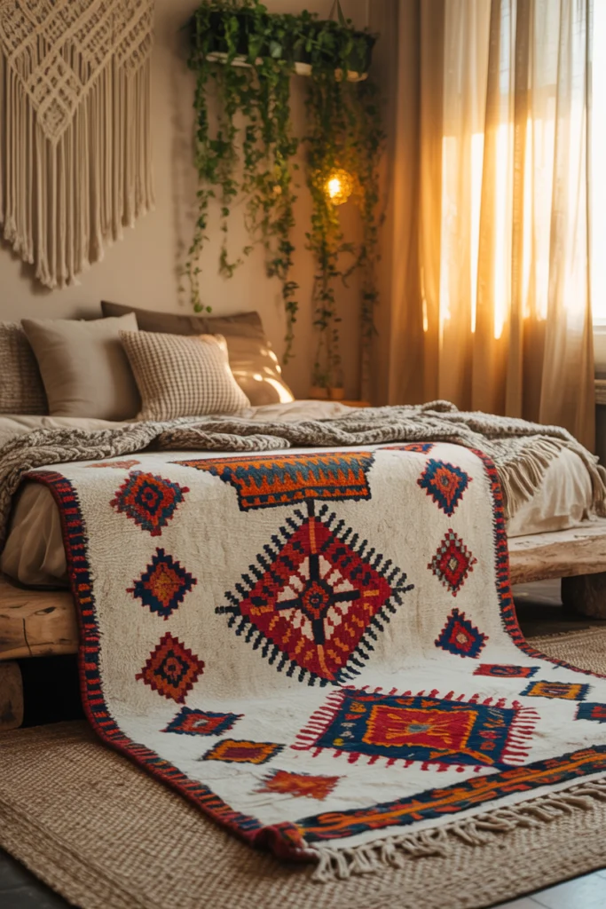 Tapis berbere Azilal coloré dans une chambre bohème-chic.