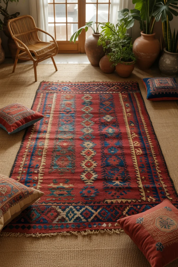 Tapis berbere coloré rouge et bleu dans un salon bohème