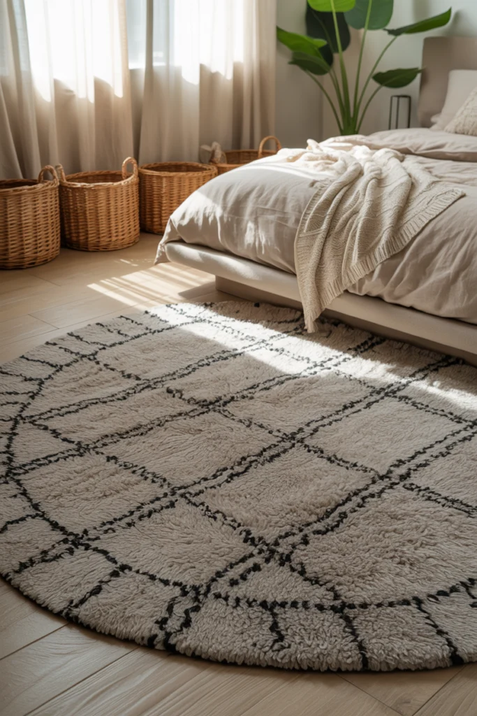 Tapis berbere rond gris dans une chambre cosy
