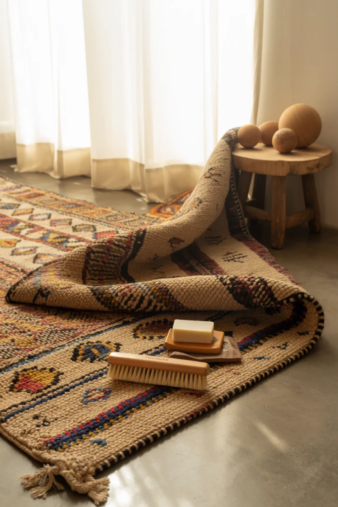 Tapis berbere en laine naturelle avec accessoires d'entretien naturel