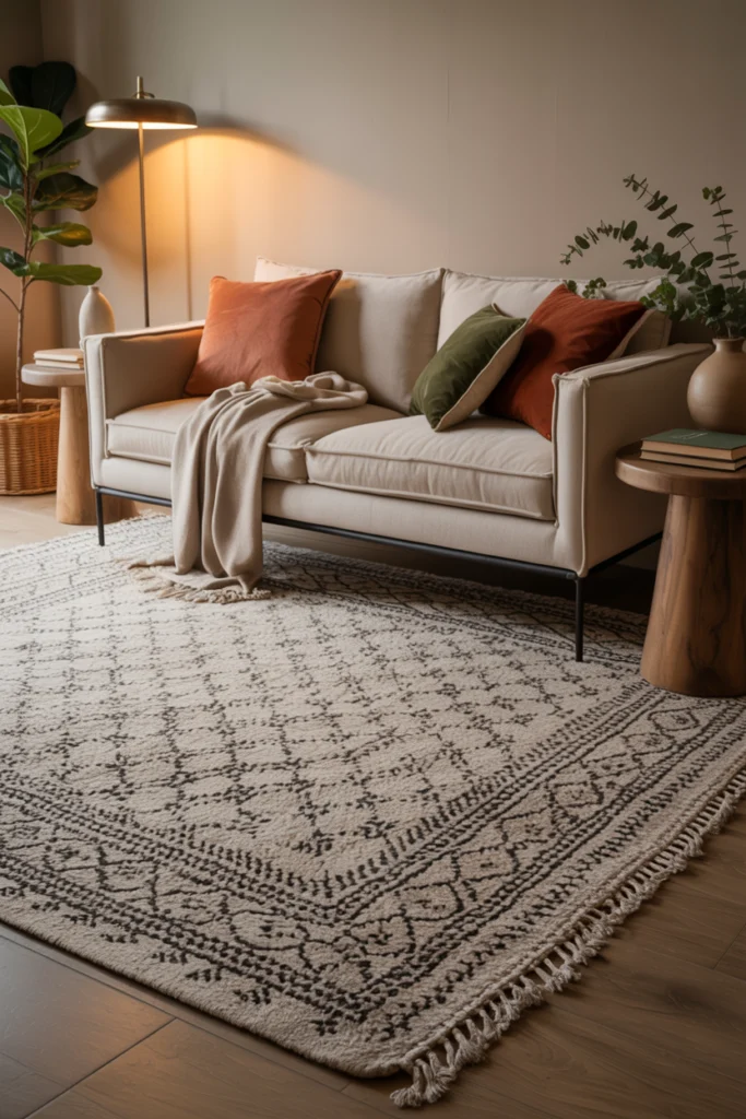 Tapis berbere associé à des matières naturelles dans un salon cosy