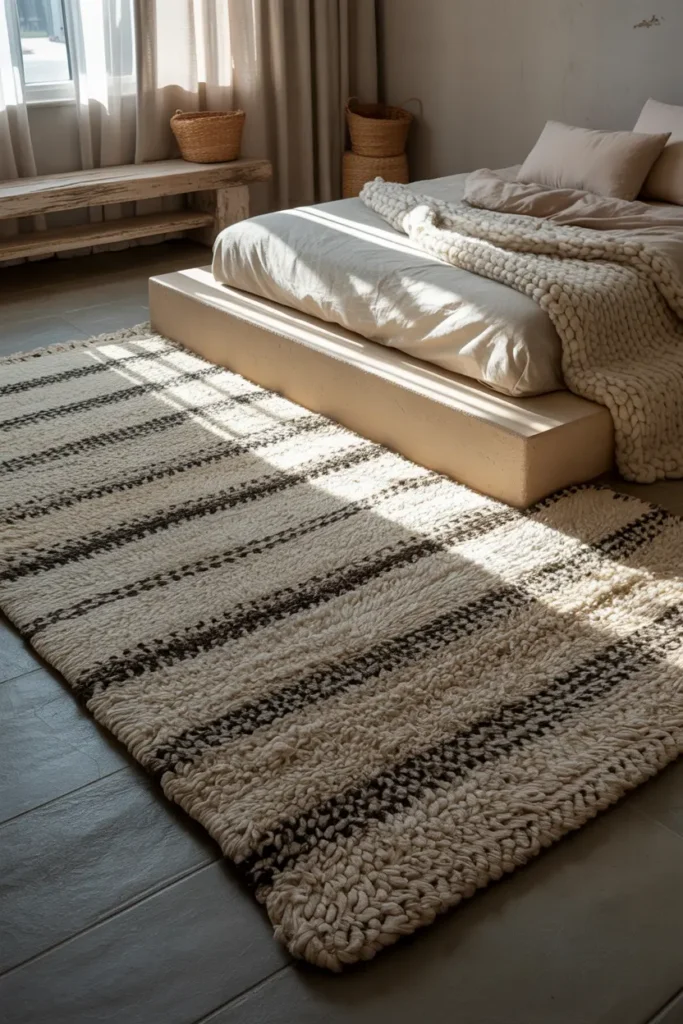 Tapis berbere moelleux au pied d'un lit