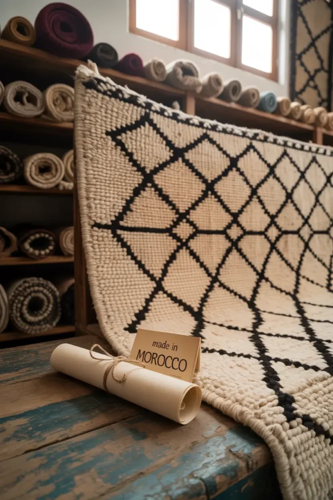 Authentique tapis berbere artisanal dans un atelier marocain