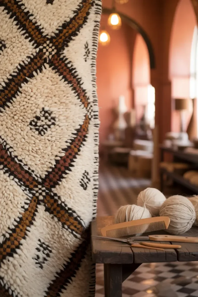 Tapis berbere authentique avec outils d'artisan dans un cadre élégant