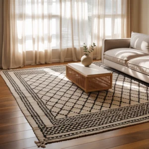 Tapis berbere blanc et noir dans un salon épuré et cosy, avec canapé moderne et table basse en bois.