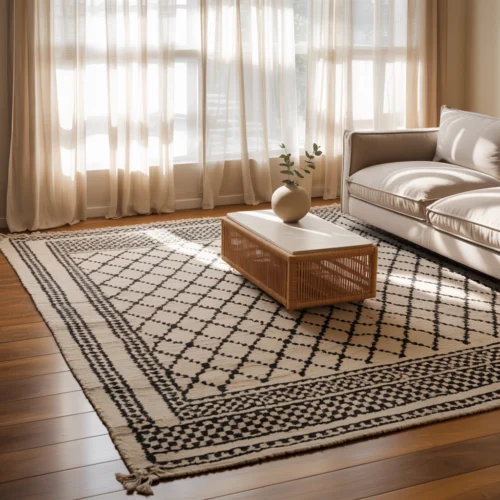 Tapis berbere blanc et noir dans un salon épuré et cosy, avec canapé moderne et table basse en bois.
