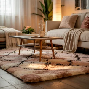 Tapis cosy moelleux dans un salon chaleureux avec canapé et table basse en bois, décoration d'intérieur douce et harmonieuse.